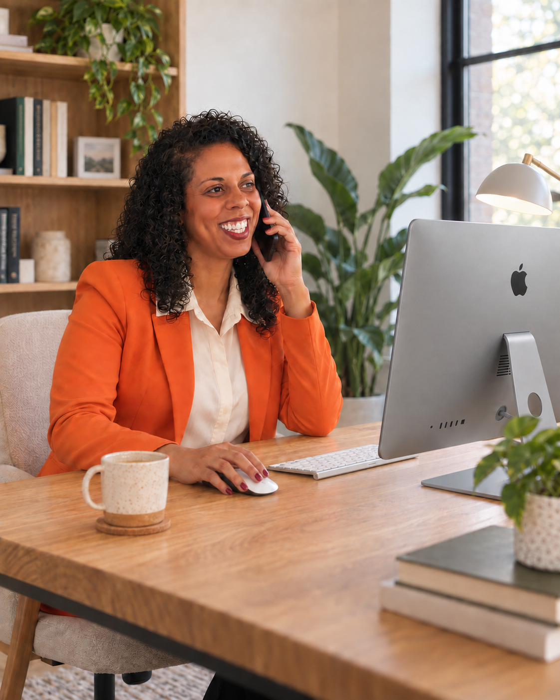 Shantie belt aan haar bureau met een Mac, in een oranje colbert en crèmekleurige blouse