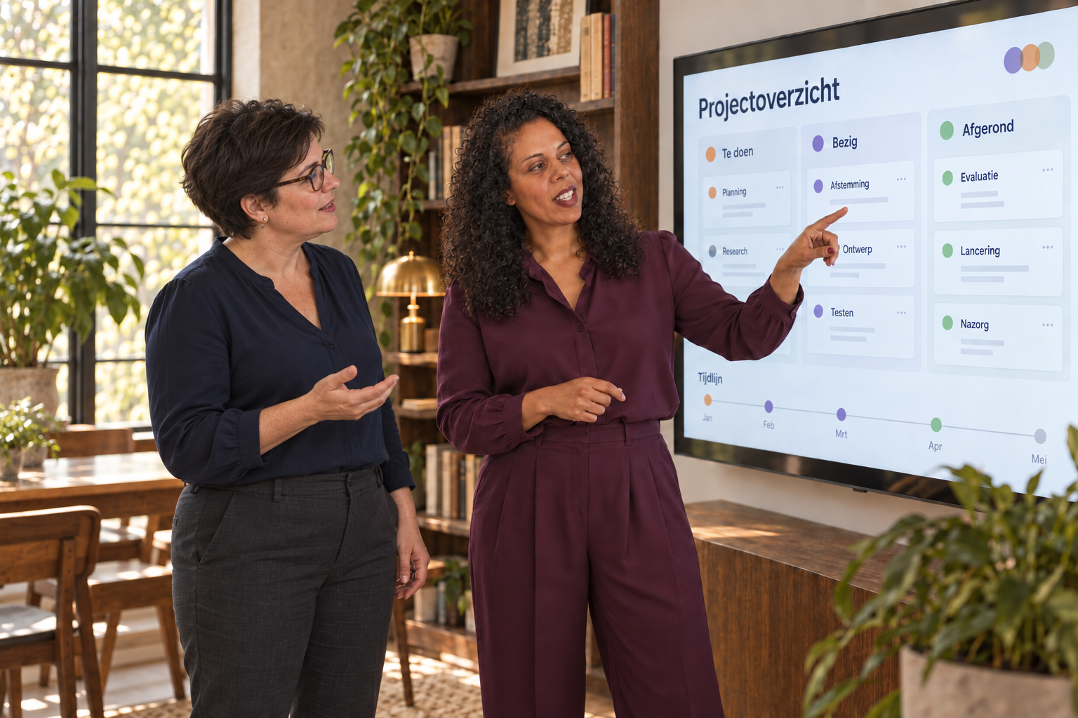 Gegenereerd sfeerbeeld: Shantie werkt met een fictieve vrouwelijke collega bij een digitaal projectbord